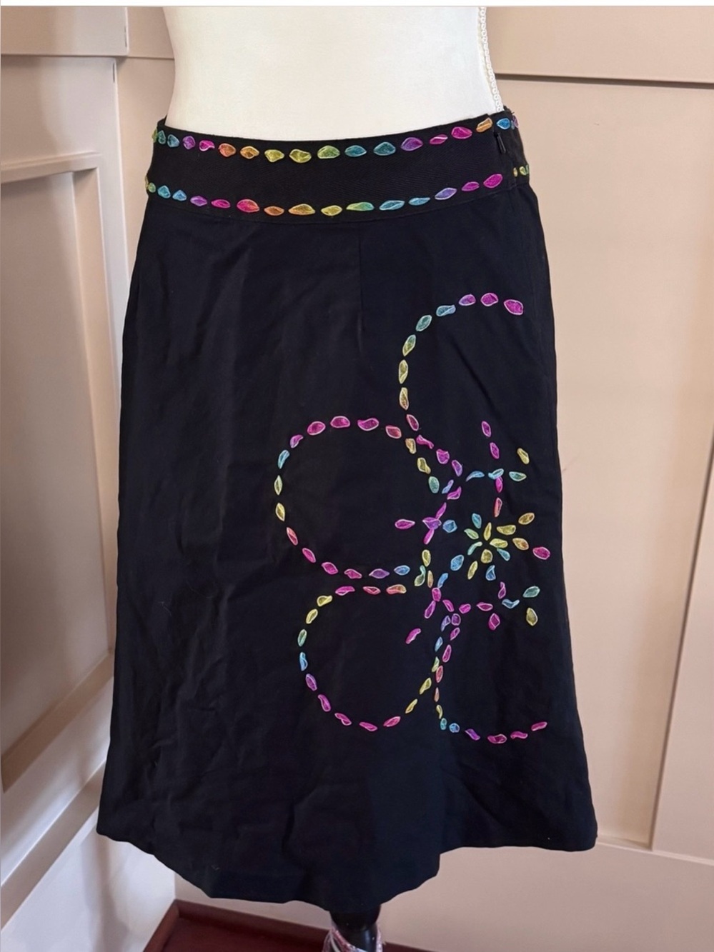 Christopher & Banks Black A-Line Skirt with Multicolor Embroidered Loops
